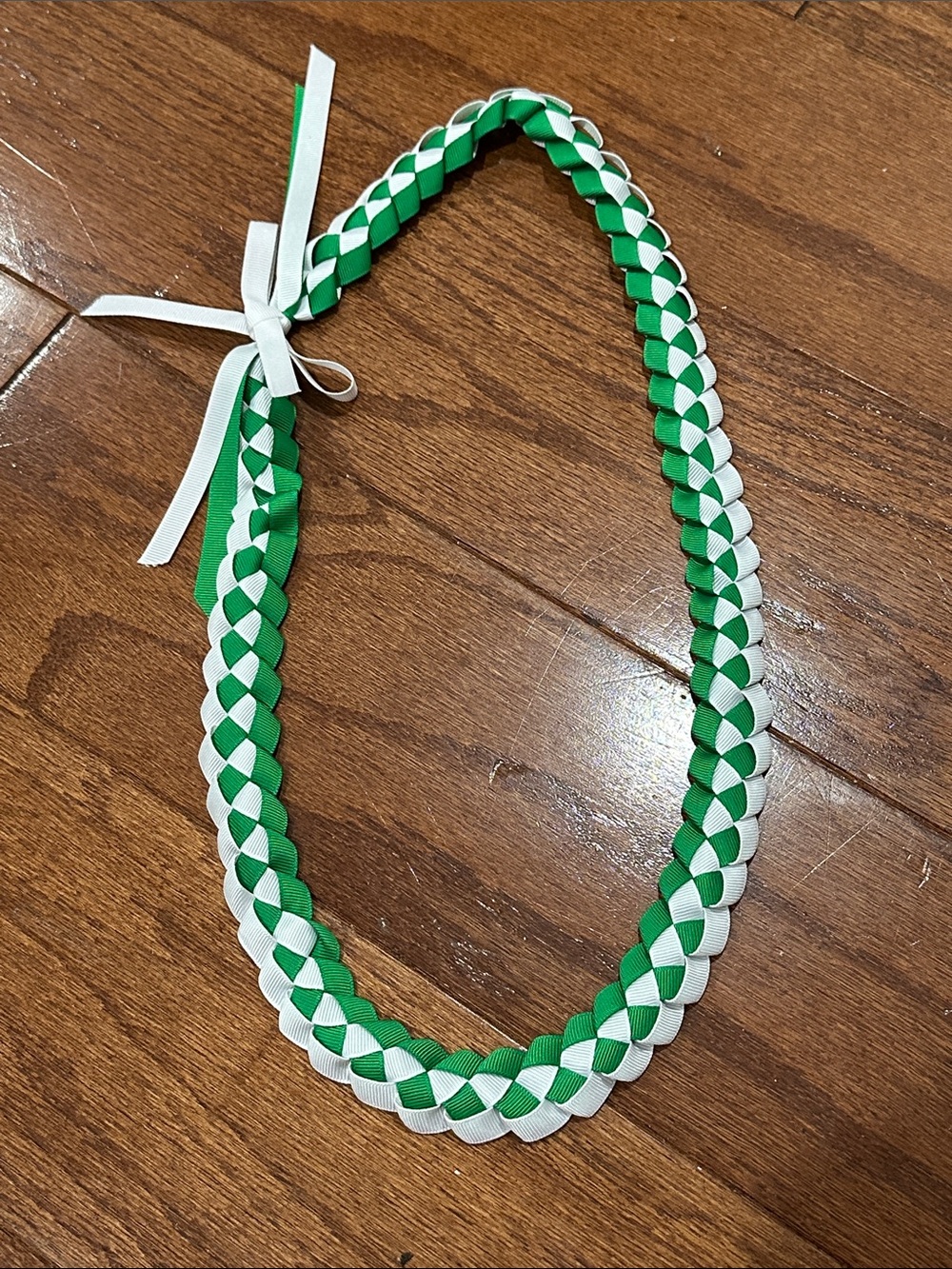 Handwoven Green & White Braided Ribbon Lei